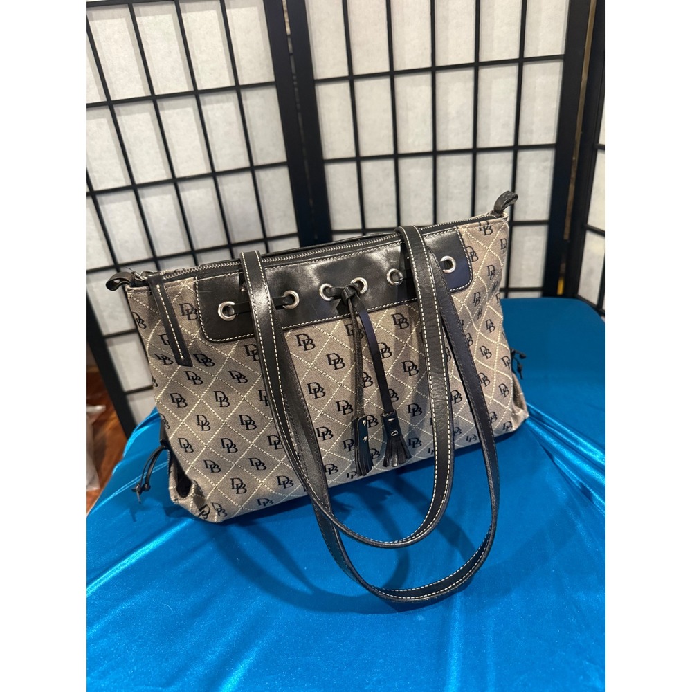 Vintage Dooney & Bourke Signature Monogram Drawstring Tote Bag Brown DB